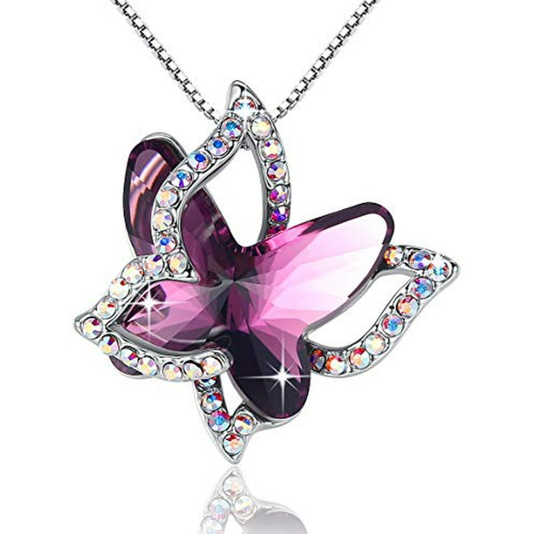 Rodium Plated 18 Inch Double Chain With Butterfly Crystal Pendant 